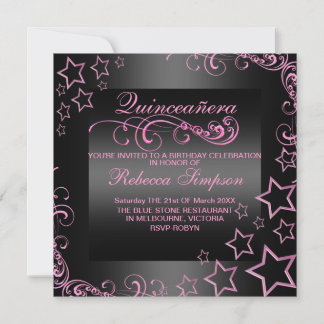 Rosa/Svart Quinceañera Stjärna & Virvel Inbjudan