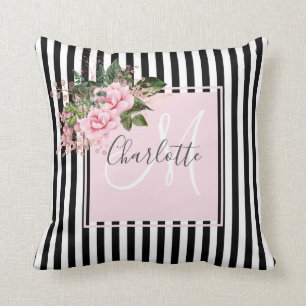 rosa svart rand blommigt monogram kudde
