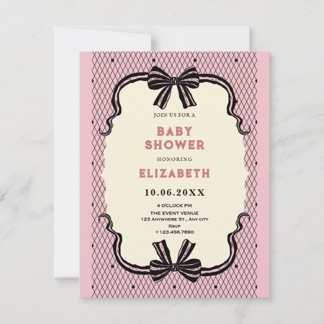 Rosa svart retro båge baby shower inbjudningar (Framsida)