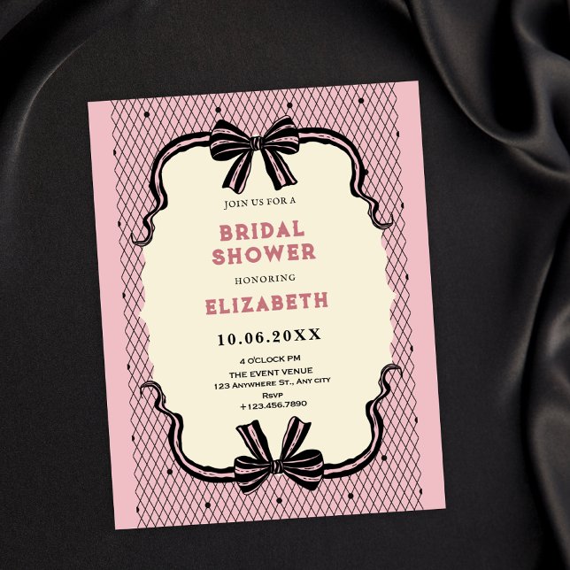Rosa svart retro bow bröllopsdusch inbjudningar (Skapare uppladdad)
