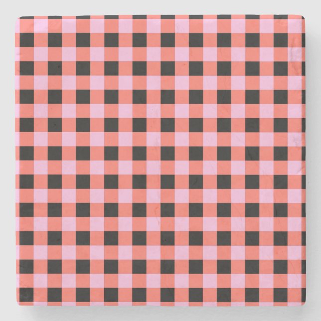 Rosa svart rutig gingham-mönster stenunderlägg (Framsidan)