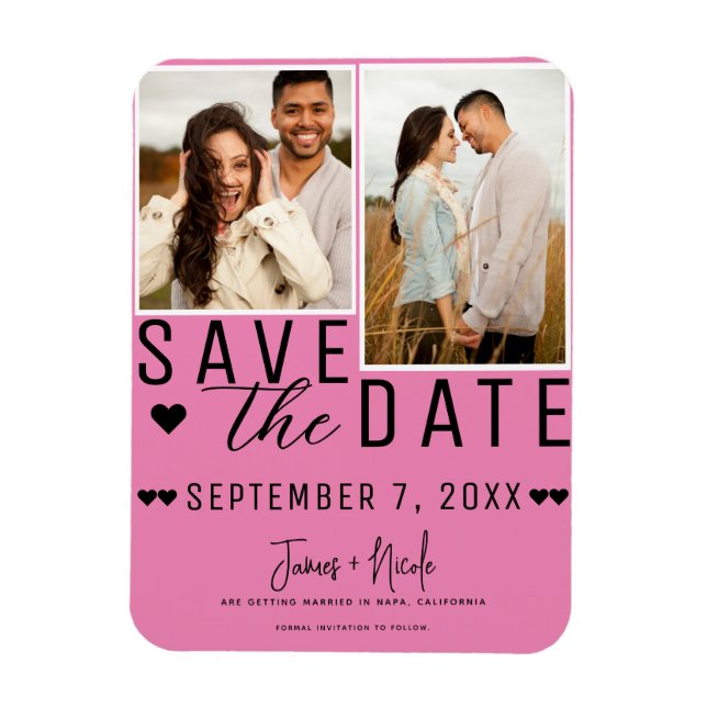 Rosa & Svart Save the Date 2 Foto Bröllop Magnet (Vertikal)