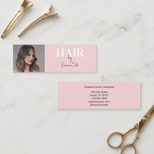 Rosa svart script foto frisör mini visitkort (Blush Pink Black Script Photo Hair Stylist Mini Business Card)