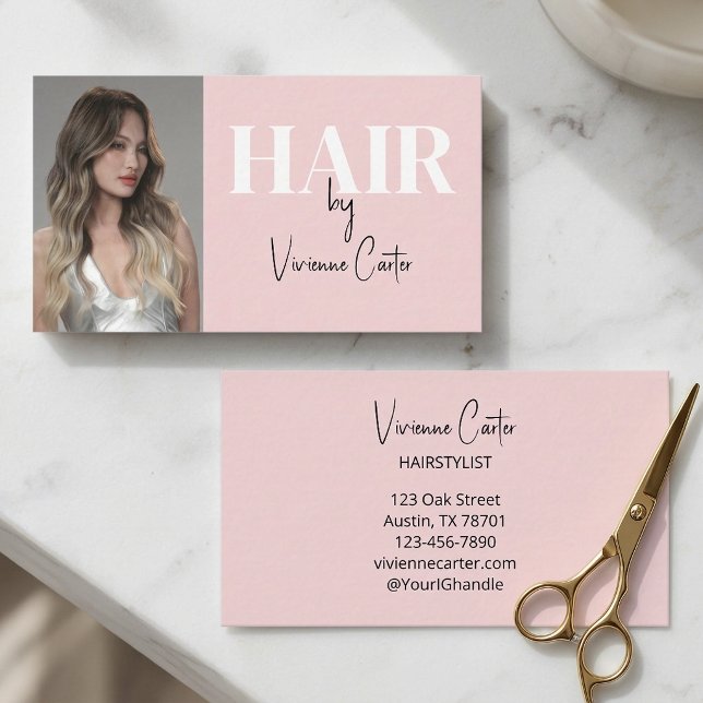 Rosa svart script foto frisör visitkort (Blush Pink Black Script Photo Hair Stylist Business Card)