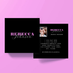 Rosa & Svart Script Foto Fyrkantigt Affärskort Visitkort