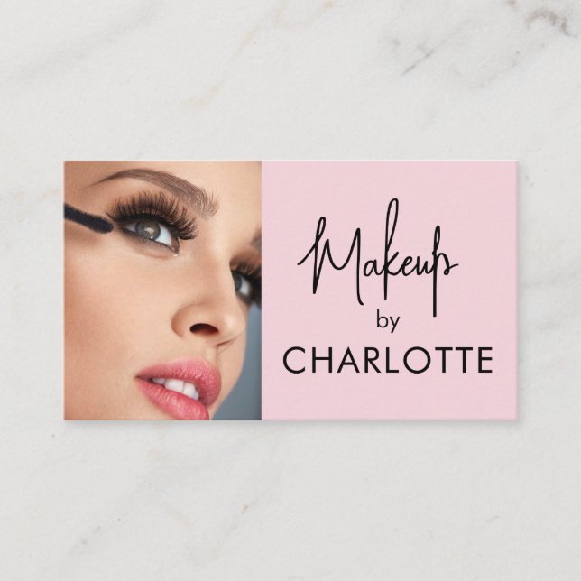 Rosa svart script foto makeup visitkort (Framsida)