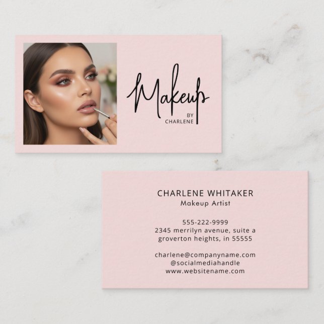 Rosa svart script foto makeup visitkort (Fram/baksida)