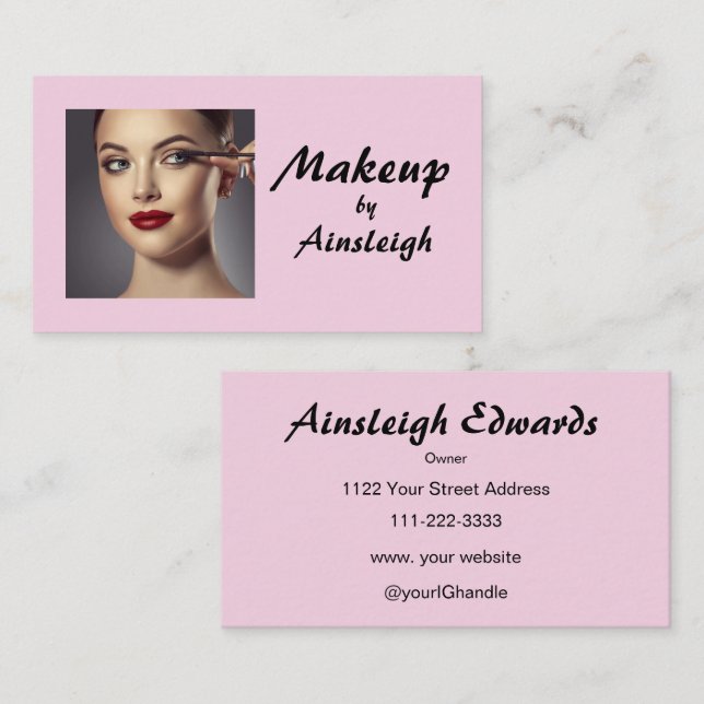 Rosa svart script foto makeup visitkort (Fram/baksida)