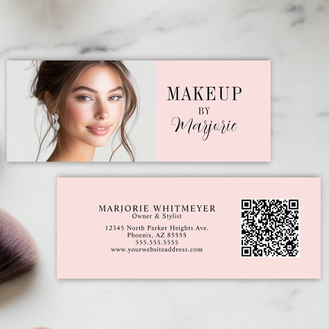 Rosa svart script foto QR-kod smink Mini Visitkort (modern black blush pink script photo qr code makeup mini business card elegant)
