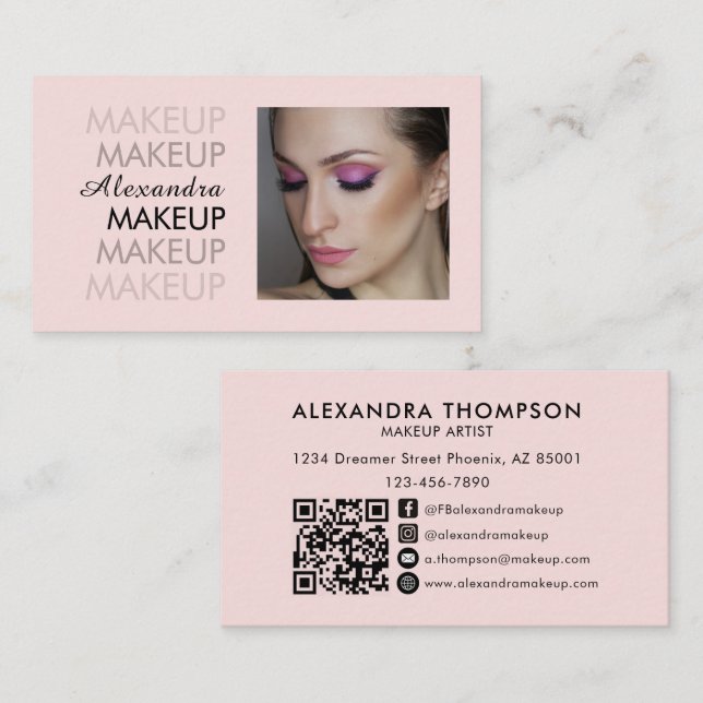 Rosa svart script foto QR-kod social ikon Visitkort (Fram/baksida)