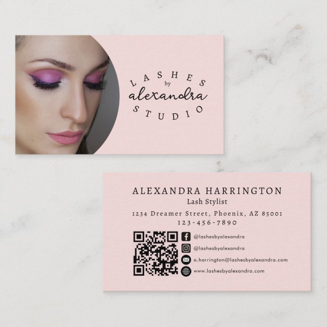 Rosa svart script foto QR-kod social ikon Visitkort (Fram/baksida)