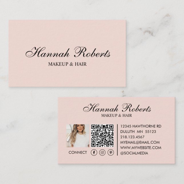 Rosa svart script social QR-kod hår makeup Visitkort (Fram/baksida)