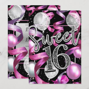 Rosa svart silver glitter Sweet 16 födelsedagsfest Inbjudningar