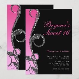 Rosa Svart Silver Glitter Virvel Sweet 16-fest Inbjudningar