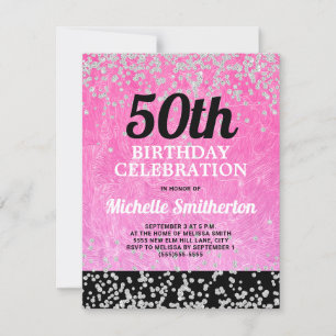 Rosa svart silver glitter vuxen 50-årsdag kort