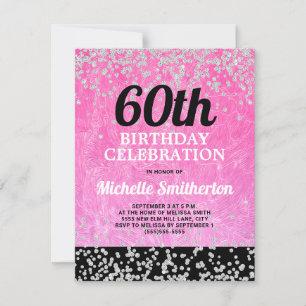 Rosa svart silver glitter vuxen 60-årsdag kort