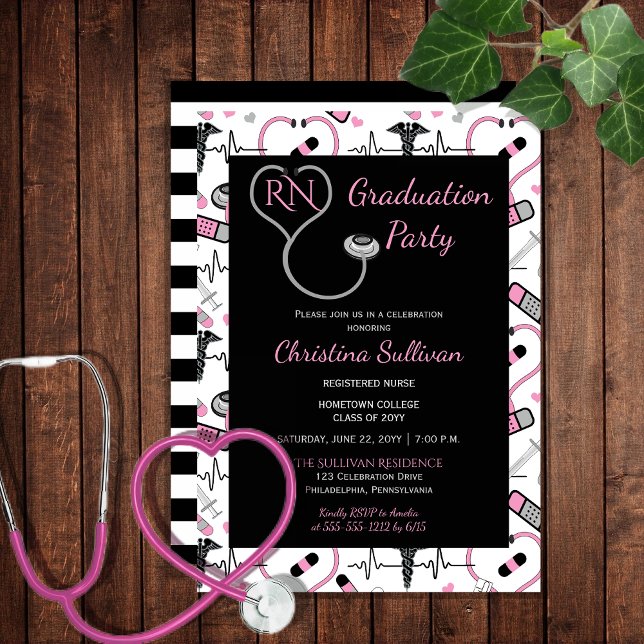 Rosa | Svart sjuksköterska Studentfest Inbjudningar (Pink and Black Medical Nurse Nursing Graduation Party Invitation - Print and/or Download)