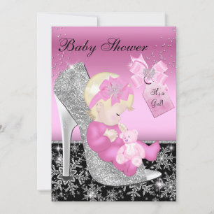 Rosa svart sko & Snöflinga flicka Baby Shower Inbjudningar