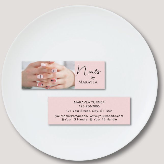Rosa svart skrift Foto nagelkonstnär Mini Visitkort (Skapare uppladdad)