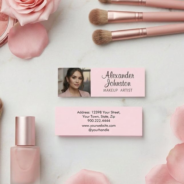 Rosa svart skript Foto Makeup MIni Visitkort (Blush Pink Black Script Photo Makeup Business Card)