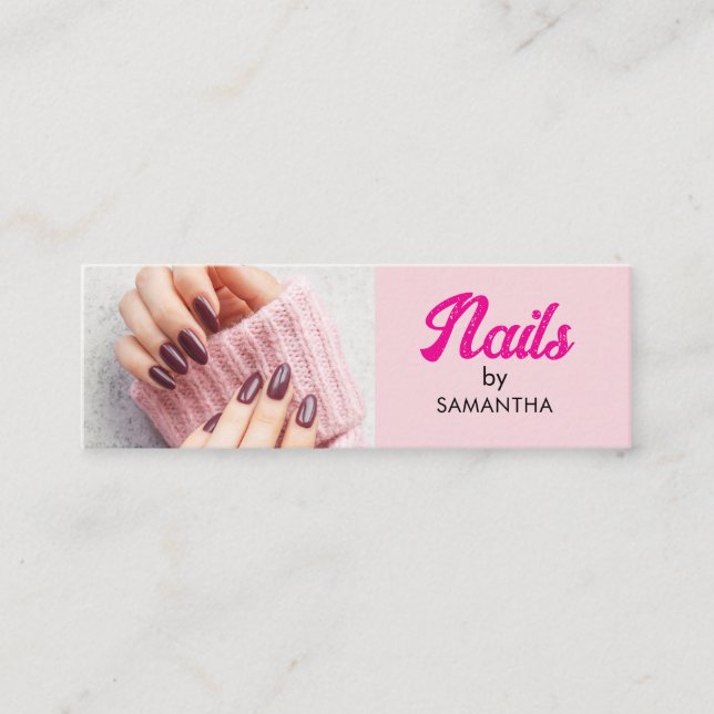 Rosa svart skript Foto Naglar Mini  Visitkort (Framsida)
