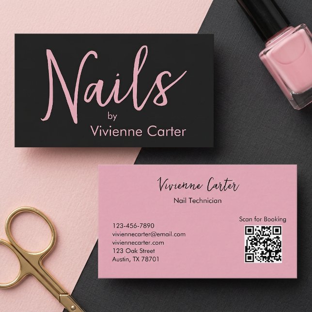 Rosa Svart Skript Nageltekniker Salong Visitkort (Pink Black Script Nail Technician Salon Business Card)
