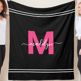 Rosa Svart Skript Namn Monogram Fleecefilt