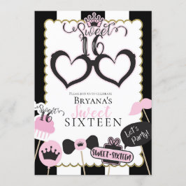 Rosa Svart Sött 16 Fotobås Födelsedagsfest Inbjudningar