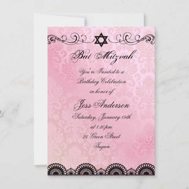 Rosa & Svart Spets Bat Mitzvah Födelsedagsinbjudan Inbjudningar (Framsida)
