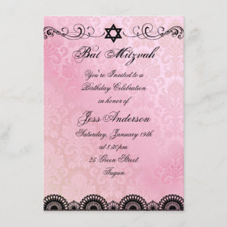 Rosa & Svart Spets Bat Mitzvah Födelsedagsinbjudan Inbjudningar