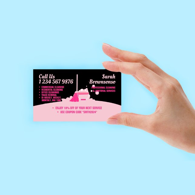 Rosa Svart Städtjänst Hemstädning Rabatt Visitkort (Pink Black Cleaning Service Maid Janitorial Coupon Business Card)