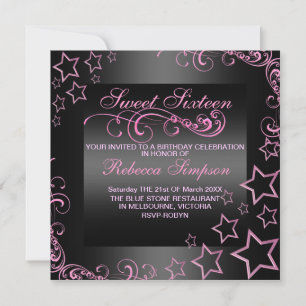 Rosa/Svart Sweet16 Star & Swirl Birthday Inbjudan