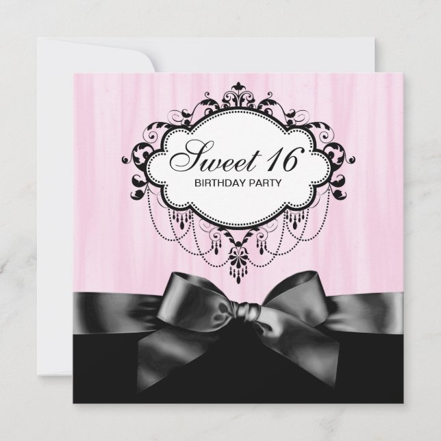 Rosa svart Sweet 16 födelsedagsfest Inbjudningar (Framsida)