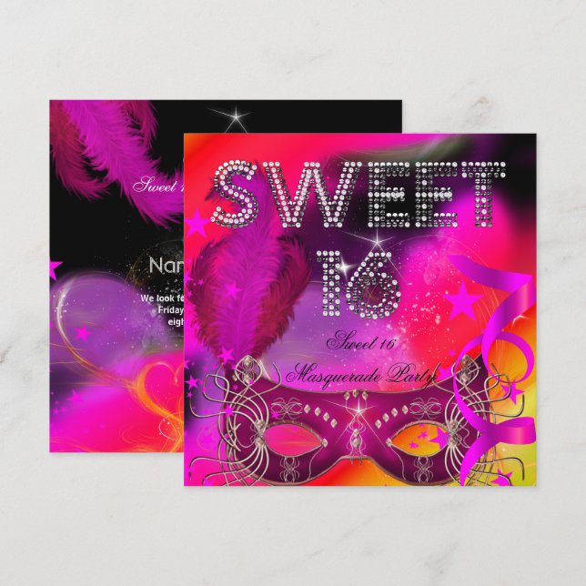 Rosa Svart Sweet 16 Maskerad Födelsedagsfest Inbjudningar (Fram/baksida)