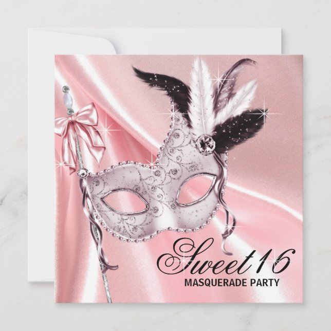 Rosa svart Sweet 16 maskeradfest Inbjudningar (Framsida)