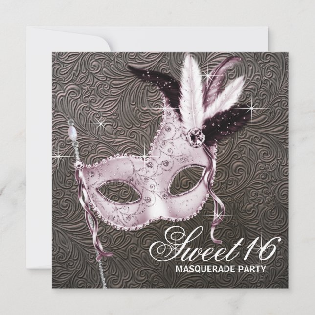 Rosa svart Sweet 16 maskeradfest Inbjudningar (Framsida)