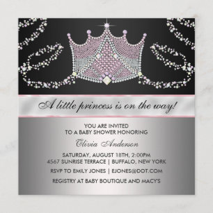 Rosa svart tiara babyflicka prinsessa baby shower inbjudningar