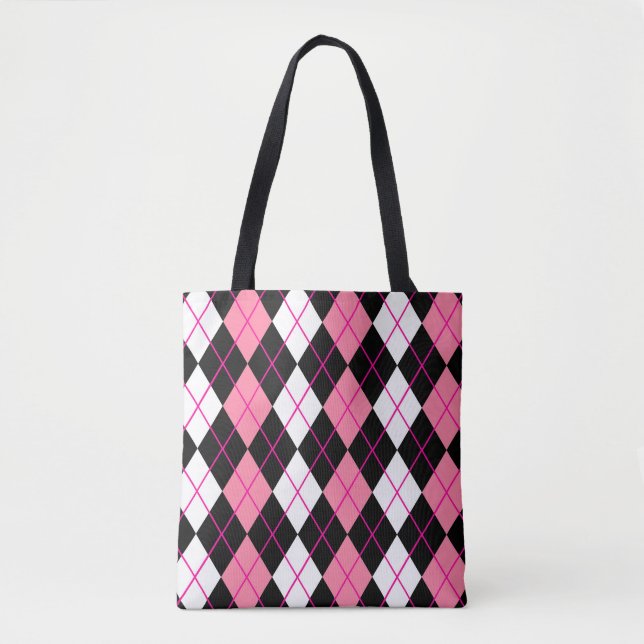 Rosa Svart Vit Argyle Diamant Design  Tygkasse (Framsida)
