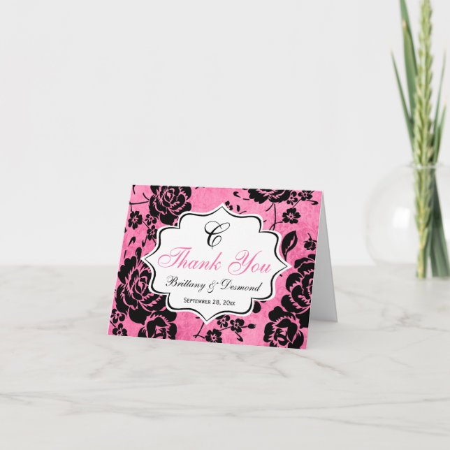 Rosa Svart Vit Blommig Damask Tacksamhetskort Tack Kort (Framsida)