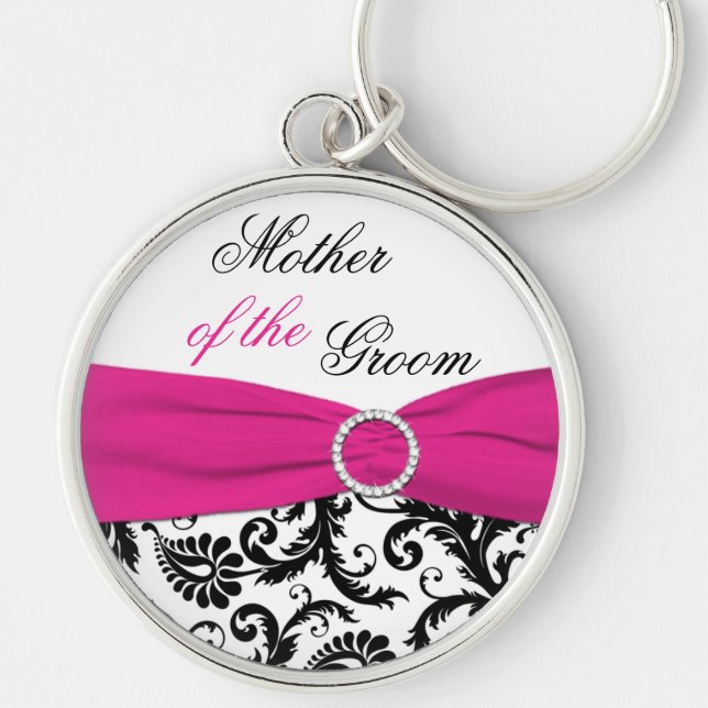Rosa, svart, vit Mor i Groom Keychain Rund Silverfärgad Nyckelring (Framsidan)