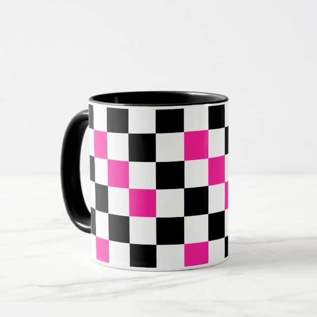 Rosa svart vit rutig mönsterdesign  mugg (Framsida vänster)