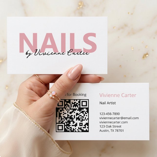 Rosa svart vit script nagelkonstnär visitkort (Blush Pink Black White Script Nail Artist Business Card)