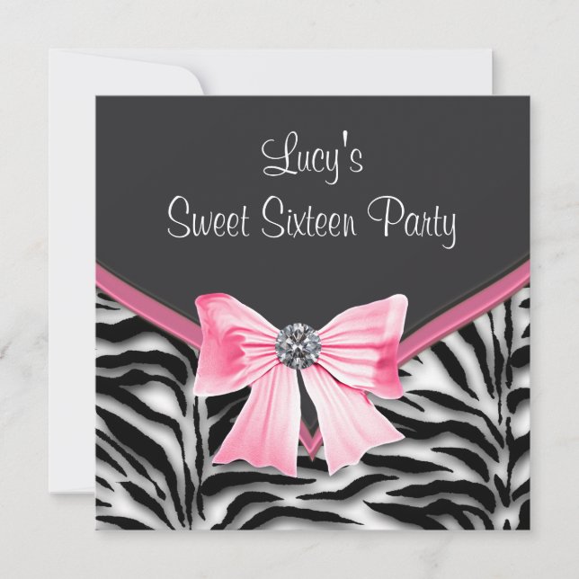 Rosa Svart Vit Zebra Sweet 16-fest Inbjudningar (Framsida)