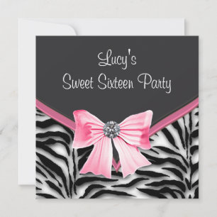 Rosa Svart Vit Zebra Sweet 16-fest Inbjudningar