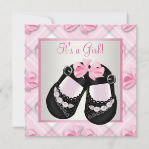 Rosa svarta babyskor Rosa svart flicka baby shower Inbjudningar