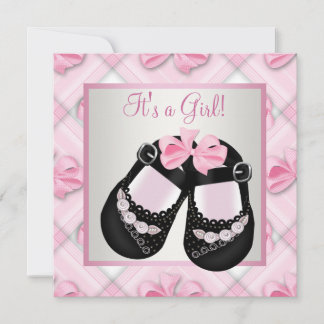 Rosa svarta babyskor Rosa svart flicka baby shower Inbjudningar