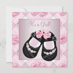 Rosa svarta babyskor Rosa svart flicka baby shower Inbjudningar
