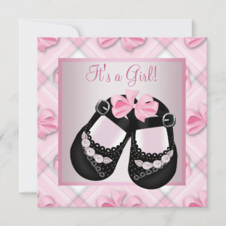 Rosa svarta babyskor Rosa svart flicka baby shower Inbjudningar