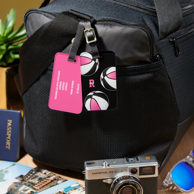 rosa svarta basketbollar unga idrottsmän monogram bagagebricka (Fram & Baksida)