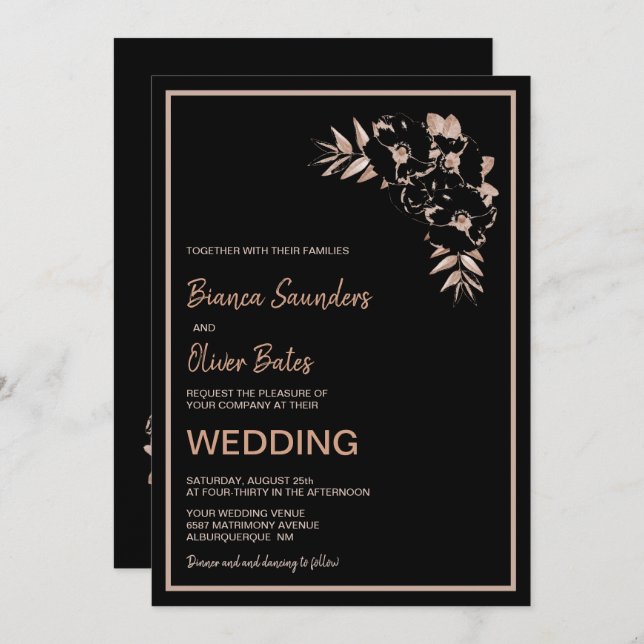  Rosa Svarta Blommigten Bröllop Inbjudningar (Fram/baksida)